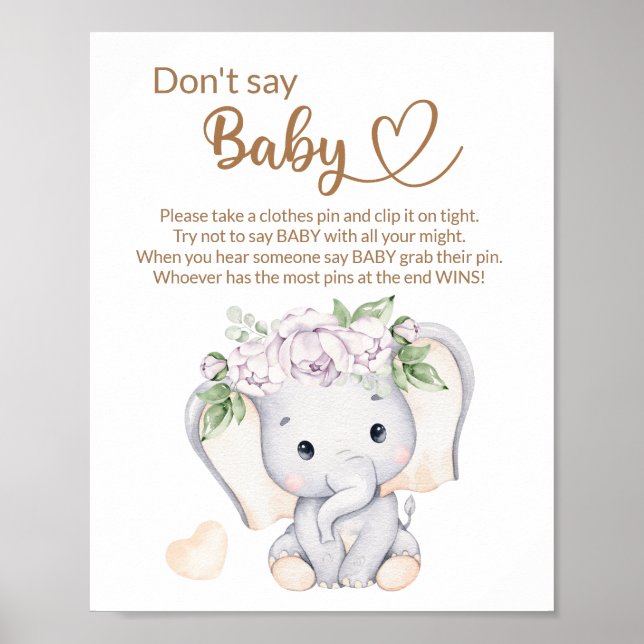 Baby Elephant & Flower Watercolor Baby Shower Poster (Front)
