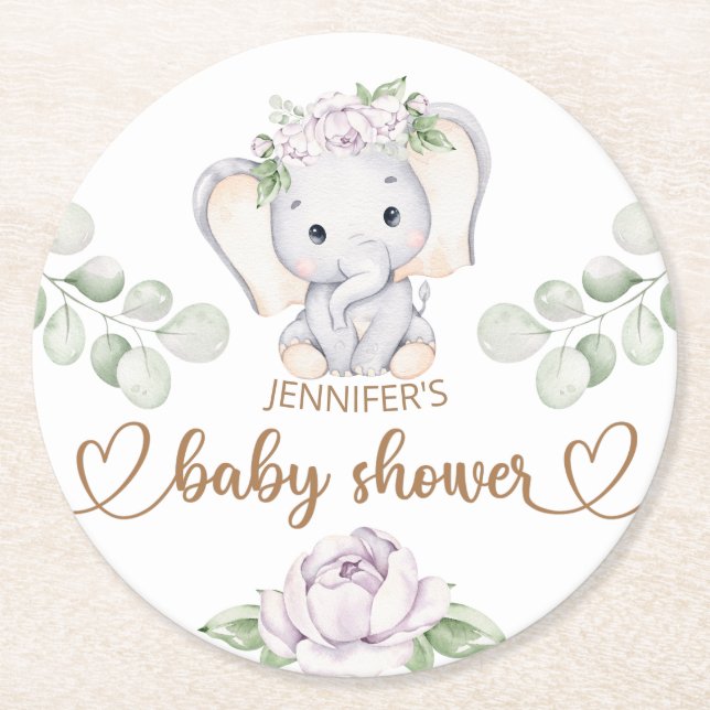 Baby Elephant & Flower Watercolor Baby Shower Round Paper Coaster (Front)