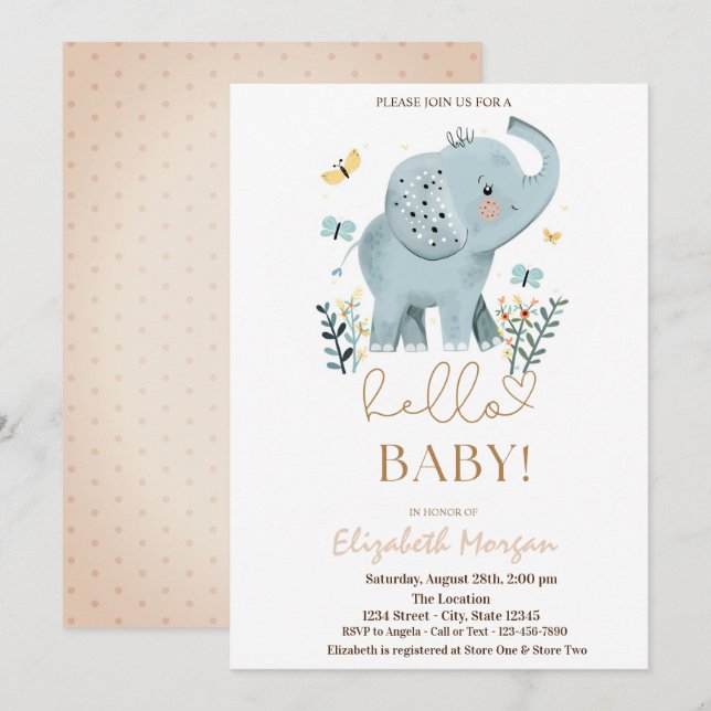 Baby Elephant Flowers Butterfly Dots Baby Shower  Invitation (Front/Back)