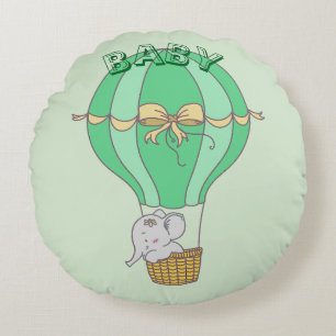 Baby Elephant Flying in Balloon Gender Neutral  Round Cushion