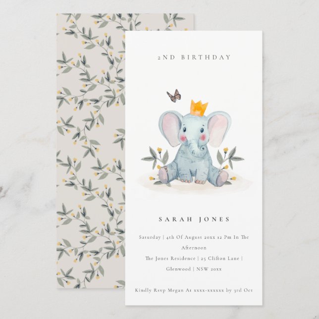 Baby Elephant Foliage Any Age Birthday Invite (Front/Back)