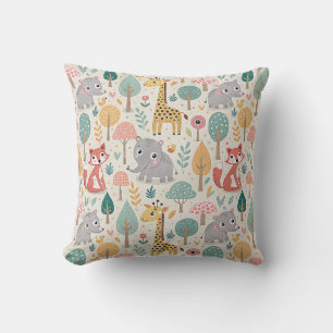 Baby Elephant, Fox & Giraffe Cute Cartoon Animals Cushion