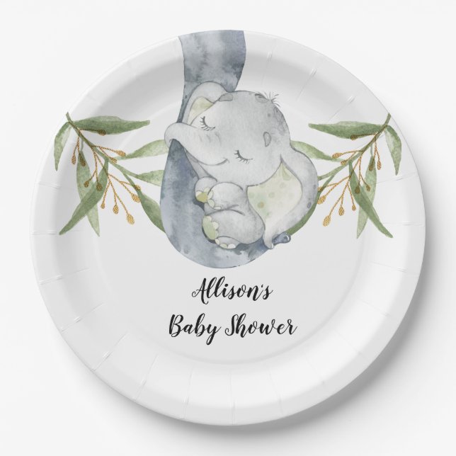 Baby elephant gender neutral watercolor paper plate (Front)