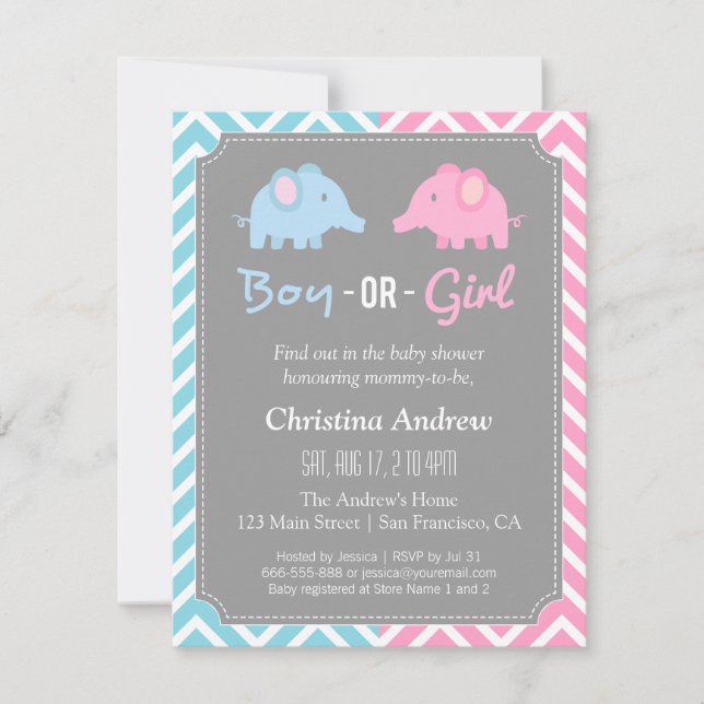 Baby Elephant Gender Reveal Baby Shower Party Invitation (Front)