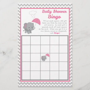 Baby Elephant Girl Baby Shower Game Bingo Card