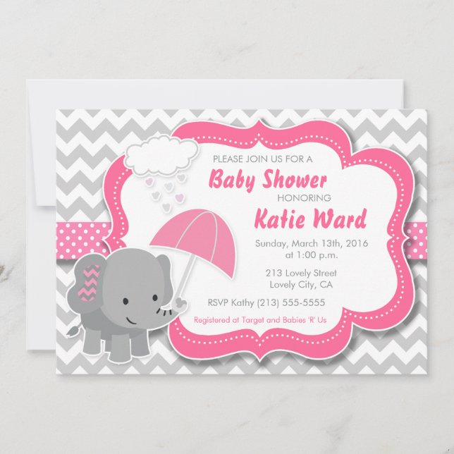 Baby Elephant Girl Baby Shower Pink Invitation (Front)
