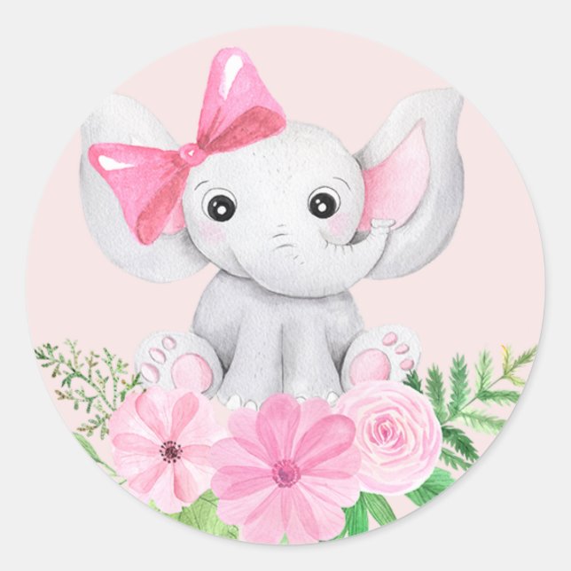 Baby Elephant Girl Birthday Party Sticker Pink (Front)