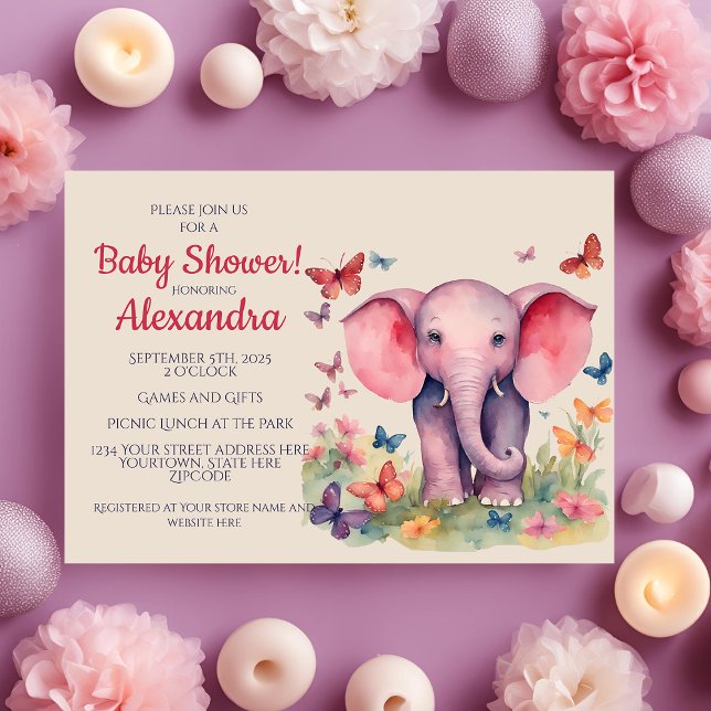 Baby Elephant Girls Baby Shower Invitation (Creator Uploaded)