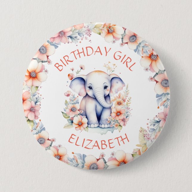Baby Elephant Girl's Birthday Party Personalised 7.5 Cm Round Badge (Front)