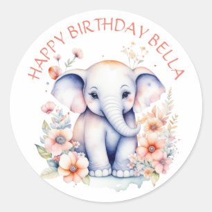 Baby Elephant Girl's Birthday Party Personalised Classic Round Sticker