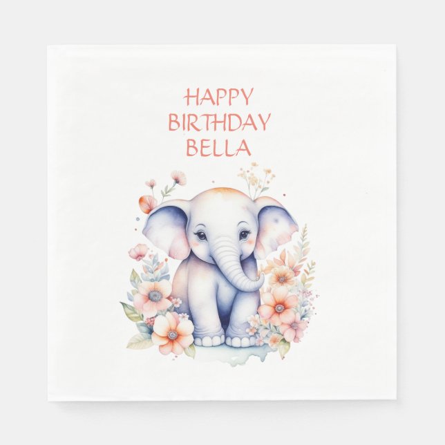 Baby Elephant Girl's Birthday Party Personalised Napkin (Front)