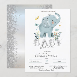 Baby Elephant Glitter Silver Baby Shower Invitation