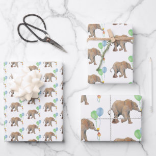 Baby Elephant green & blue balloon Set x3. Wrapping Paper Sheet