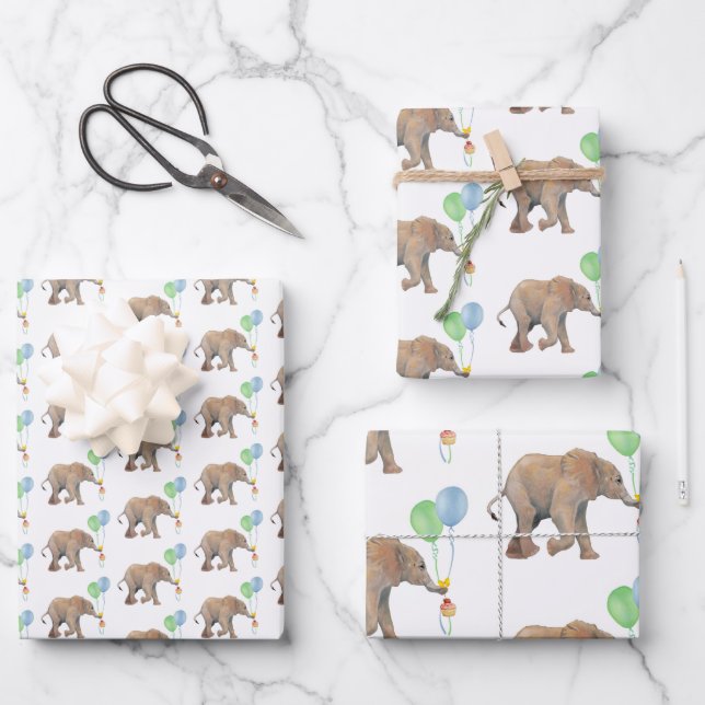 Baby Elephant green & blue balloon Set x3.  Wrapping Paper Sheet (Front)
