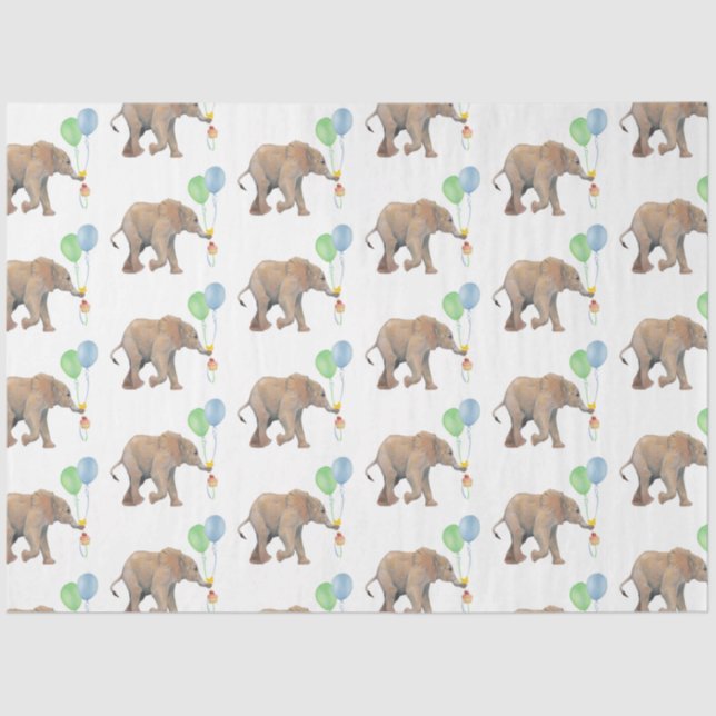 Baby Elephant green & blue balloon Tissue Paper.  Tissue Paper (Front)