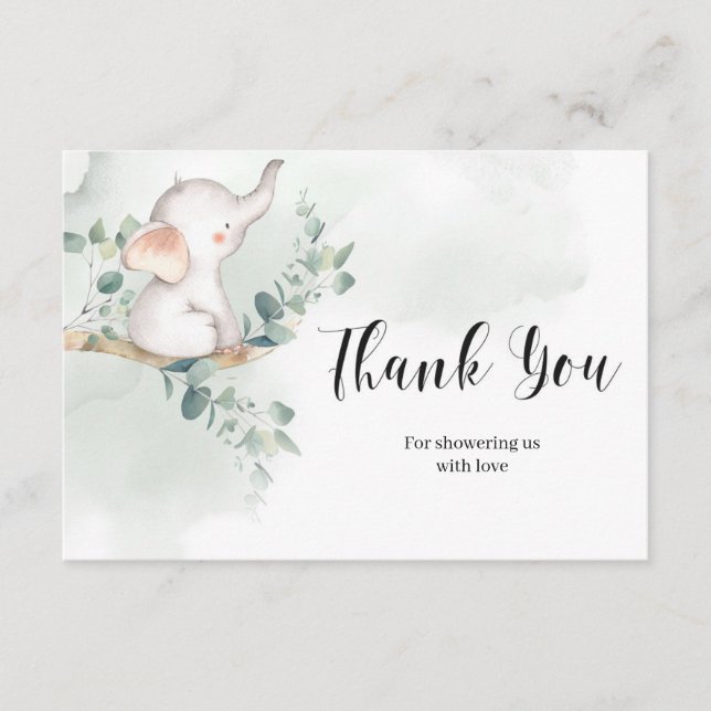 Baby elephant green eucalyptus thank you card (Front)