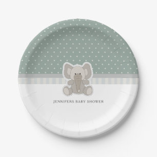 Baby Elephant Green Polka Dot Baby Shower Paper Plate