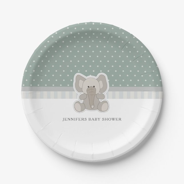 Baby Elephant Green Polka Dot Baby Shower Paper Plate (Front)