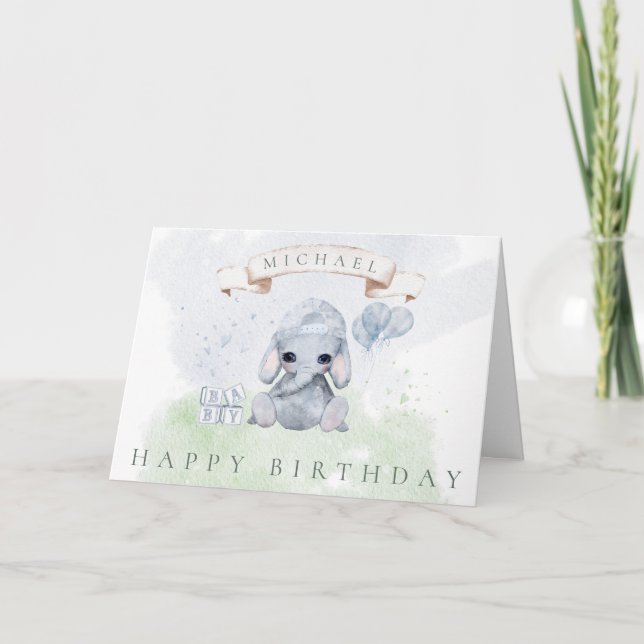 Baby Elephant Happy Birthday for Him Watercolor Card (Front)