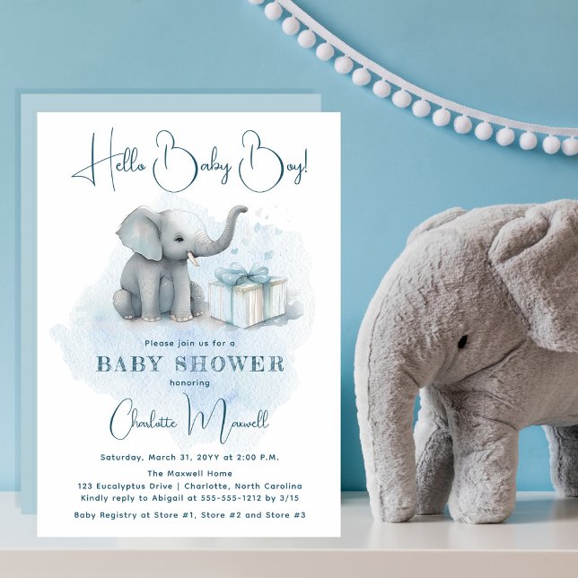 Baby Elephant Hello Baby Boy Blue Baby Shower Invitation (Creator Uploaded)