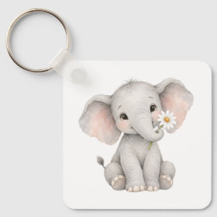 Baby Elephant Holding a Daisy Key Ring