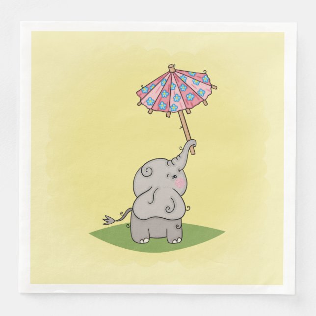 Baby elephant holding a small umbrella napkin (Front)