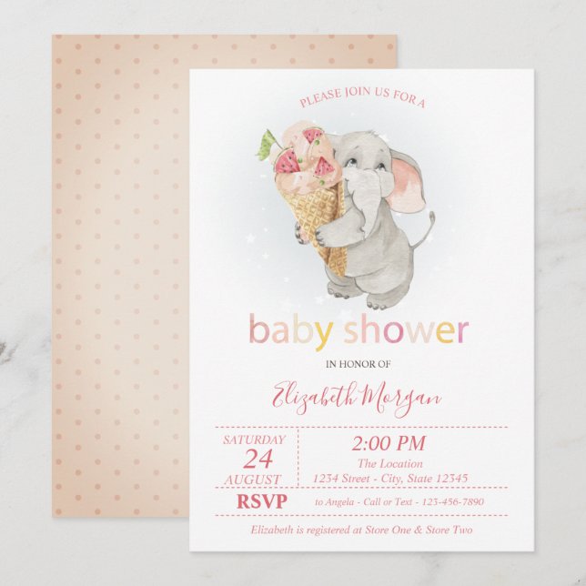 Baby Elephant Ice cream Polka Dots Baby Shower Invitation (Front/Back)