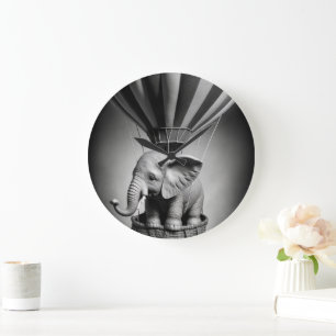 Baby Elephant in a Hot Air Balloon Large Clock