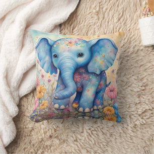 Baby Elephant In a Pastel Garden Cushion