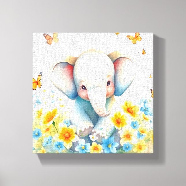 Baby Elephant in Flowers Canvas Print (Front)