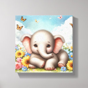 Baby Elephant in Flowers Canvas Print