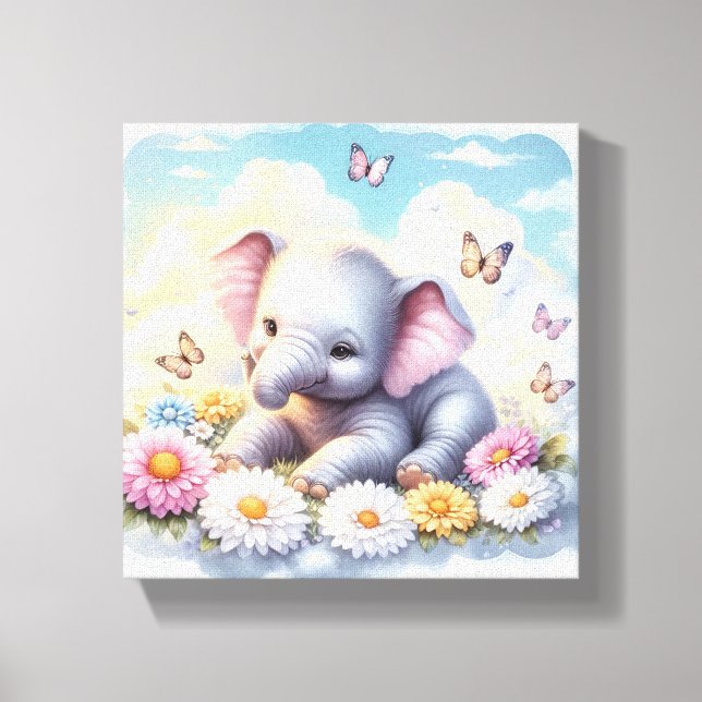 Baby Elephant in Flowers Canvas Print (Front)