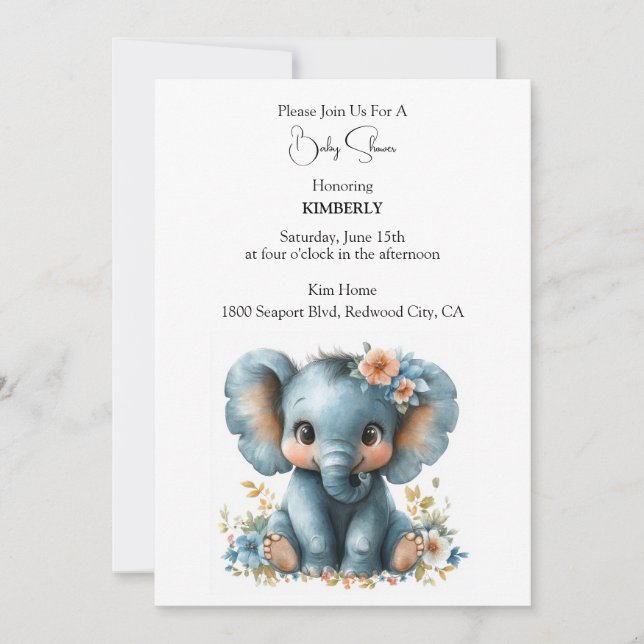 Baby Elephant In Flowers Invitation (Front)