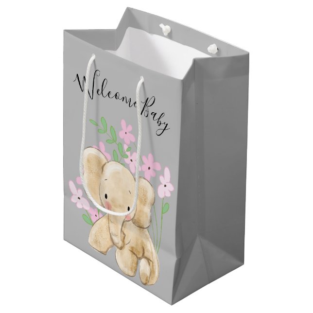 Baby Elephant In Flowers Medium Gift Bag (Front Angled)