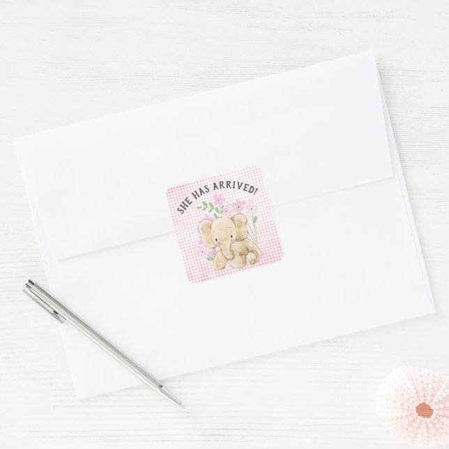 Baby Elephant In Flowers Newborn Announcement Square Sticker (Envelope)