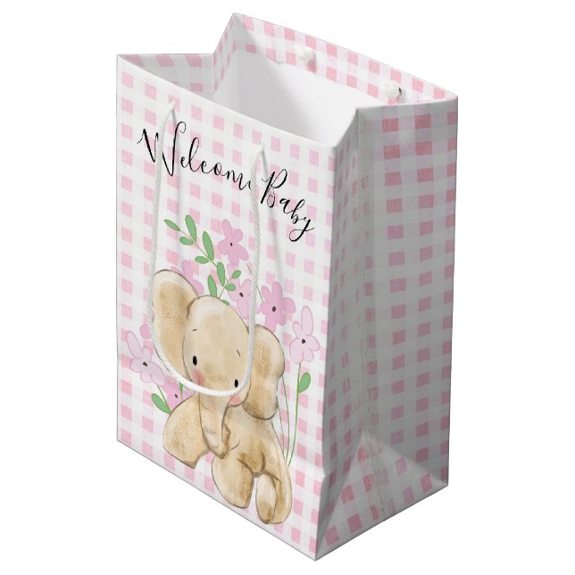 Baby Elephant In Flowers on Gingham Medium Gift Bag (Front Angled)