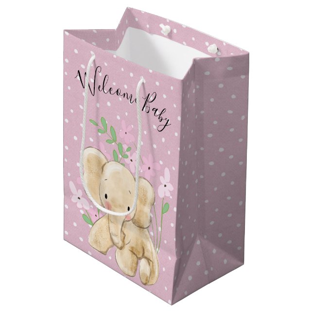 Baby Elephant In Flowers on Polka Dots Medium Gift Bag (Front Angled)