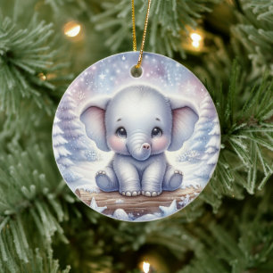 Baby Elephant in Winter Glow Ceramic Tree Decoration