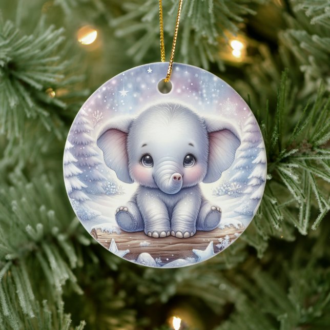 Baby Elephant in Winter Glow Ceramic Tree Decoration (Tree)