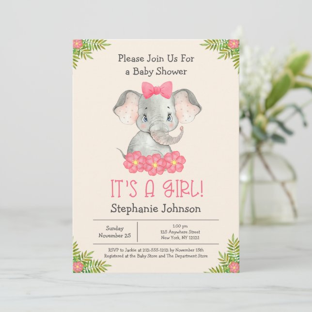 Baby Elephant It's a Girl Zoo Theme Baby Shower Invitation (Standing Front)