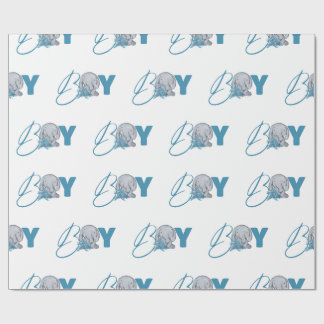 Baby Elephant Jungle Animal Blue Script Nursery Wrapping Paper