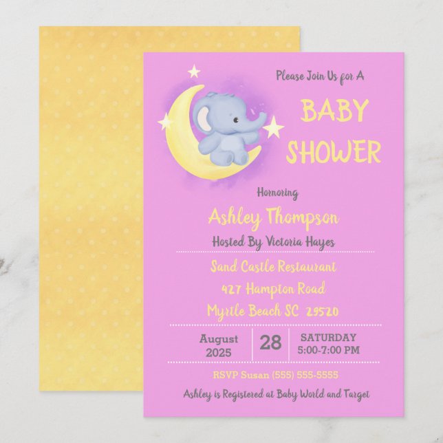 Baby Elephant Moon and Stars Baby Shower Invitation (Front/Back)