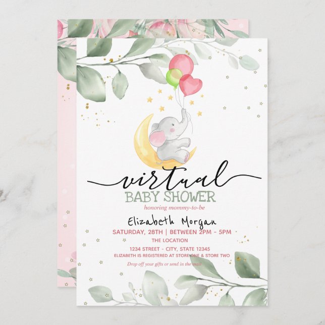 Baby Elephant Moon Balloons Virtual Baby Shower Invitation (Front/Back)