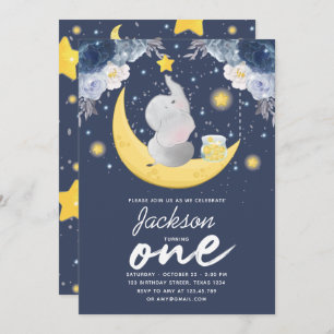 Baby Elephant on Moon First Birthday Invitation