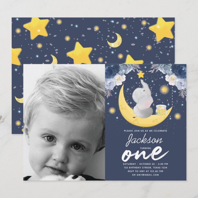 Baby Elephant on Moon First Birthday Photo Invitation (Front/Back)