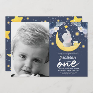 Baby Elephant on Moon First Birthday Photo Invitation
