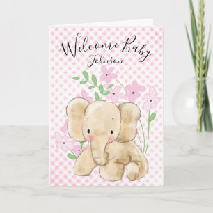 Baby Elephant On Pink Gingham Card
