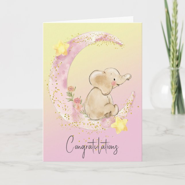 Baby Elephant On Pink Moon Card (Front)