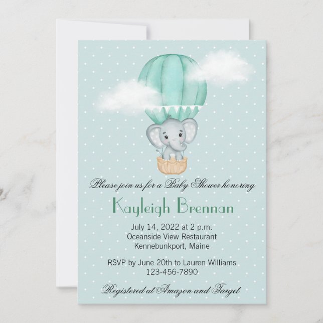 Baby Elephant Pale Green Hot Air Balloon   Invitat Invitation (Front)