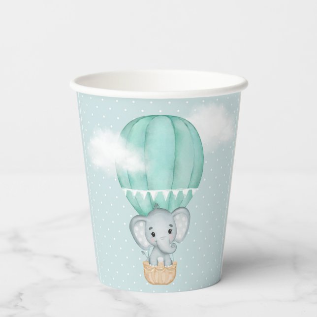 Baby Elephant Pale Green Hot Air Balloon Shower   Paper Cups (Back)